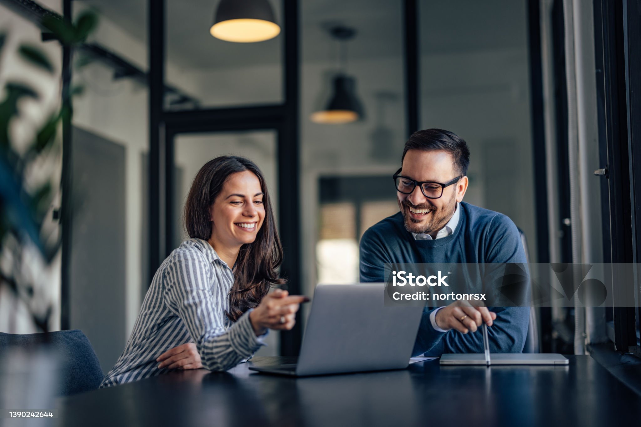 smiling brunette girl, showing something online to her boss.